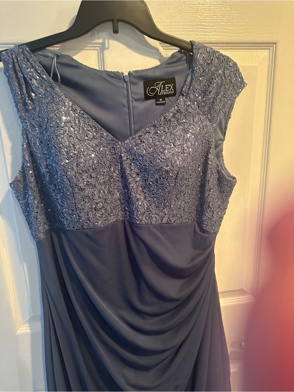 Alex Evenings Periwinkle Lace & Draped Chiffon Long Sleeve Evening Gown